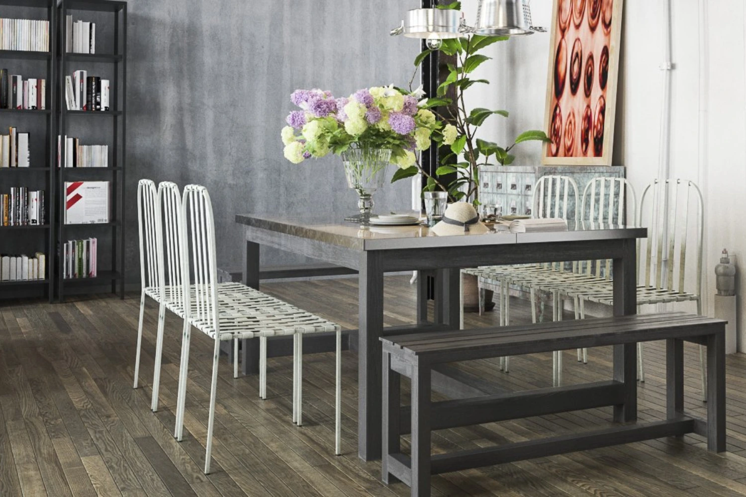 Industrialna jadalnia z drewnianą podłogą